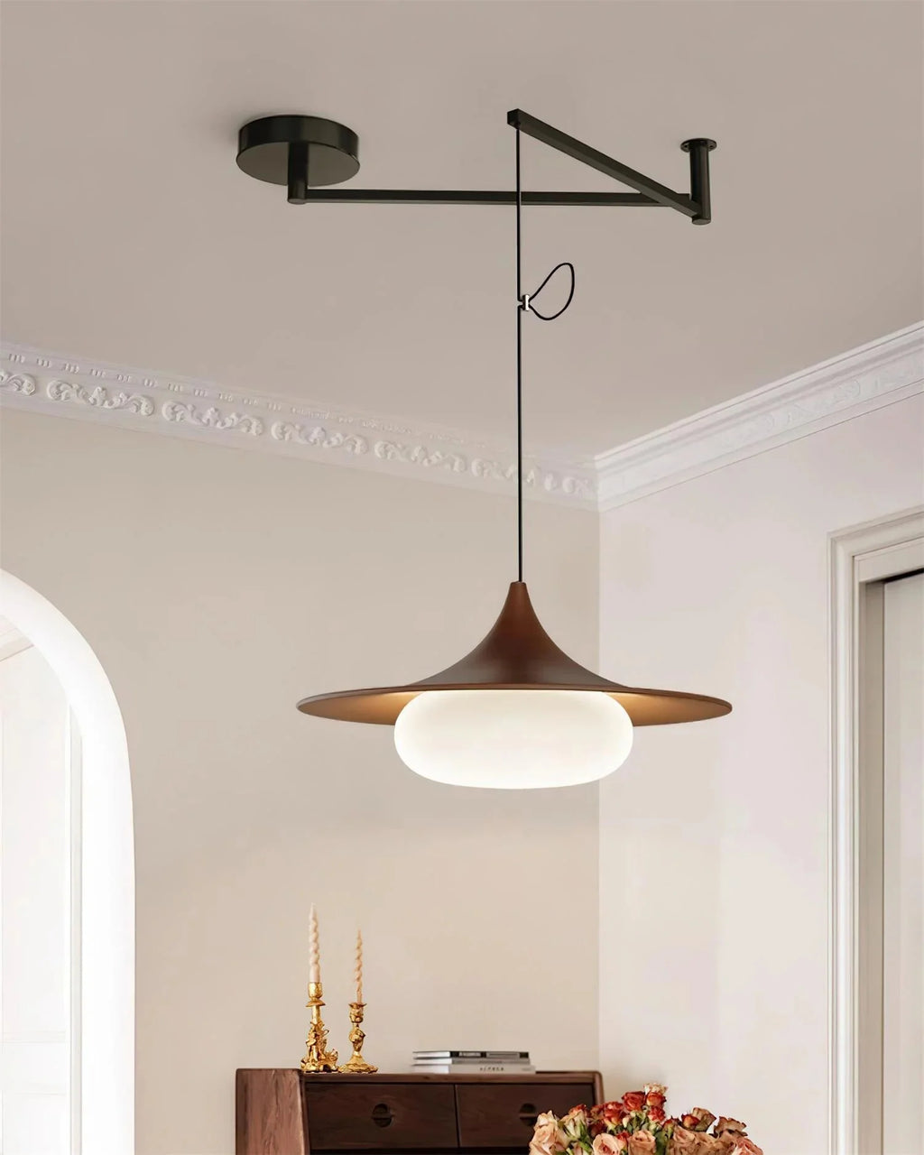 Modernist Swing Arm Pendant Light, Walnut Effect, 3000K LED