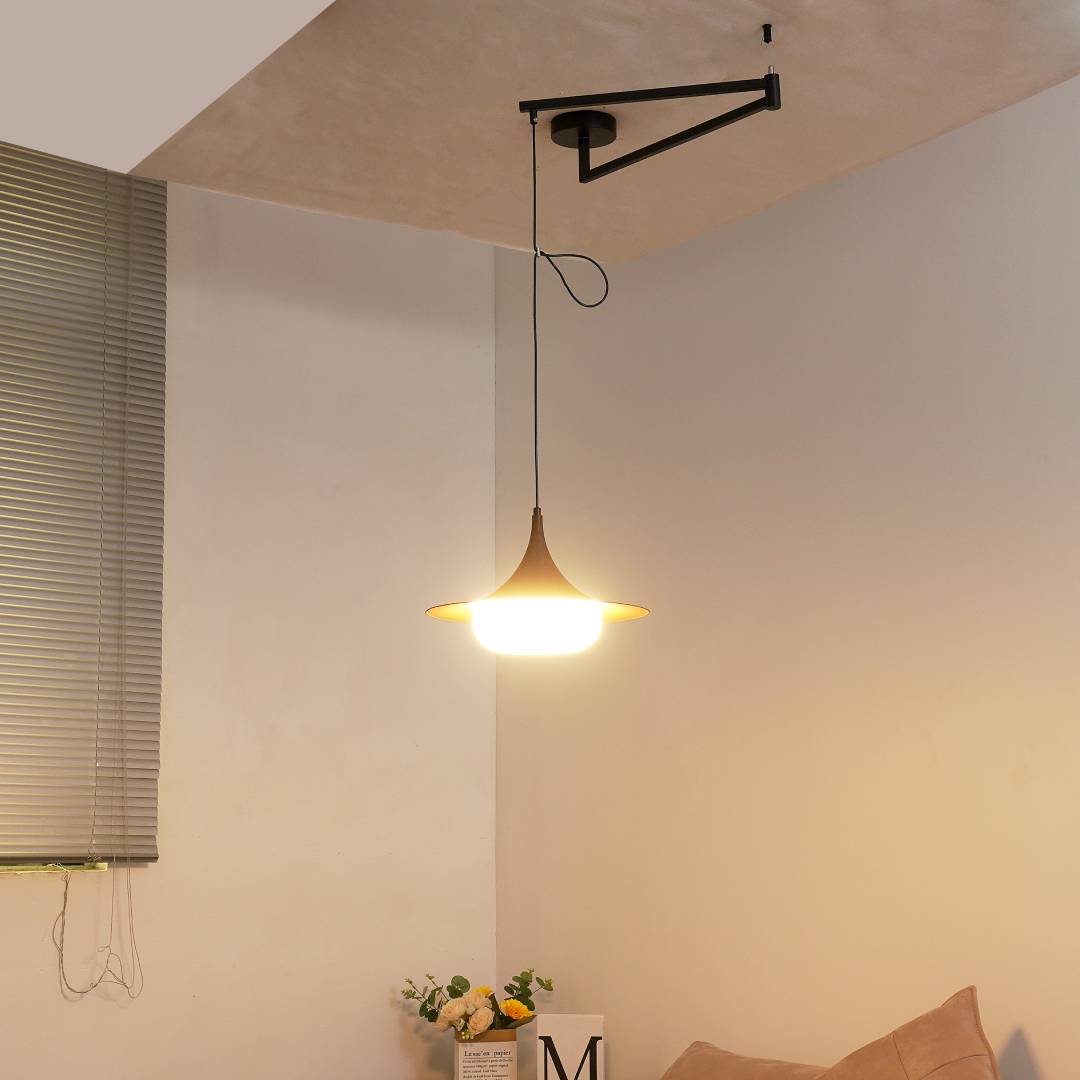 Modernist Swing Arm Pendant Light, Walnut Effect, 3000K LED
