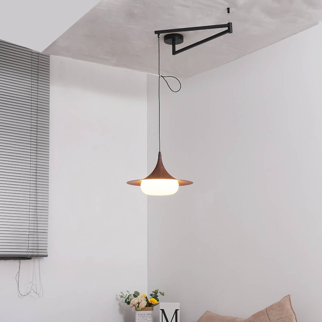 Modernist Swing Arm Pendant Light, Walnut Effect, 3000K LED