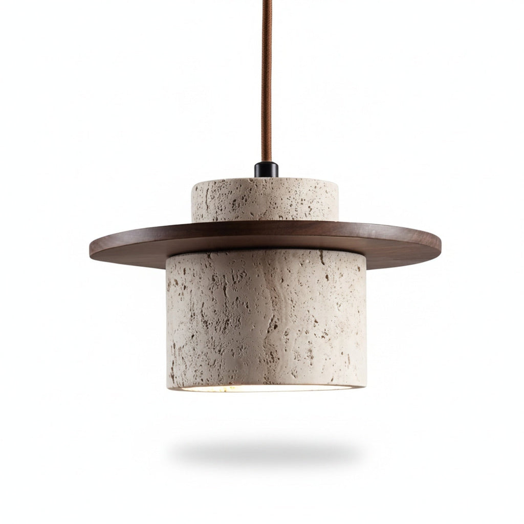 Travertine Pendant Light with Wooden Disc, 1 to 3 Lights