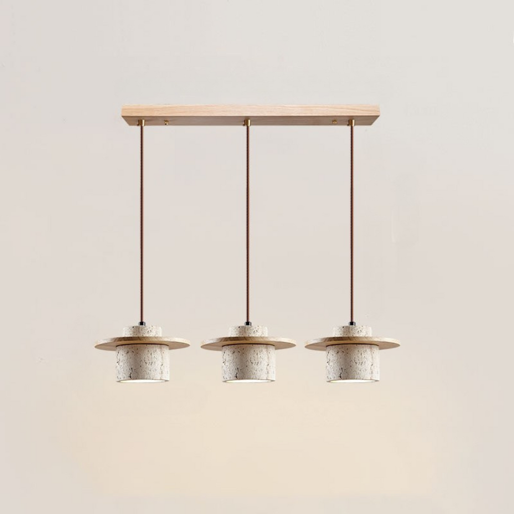 Travertine Pendant Light with Wooden Disc, 1 to 3 Lights