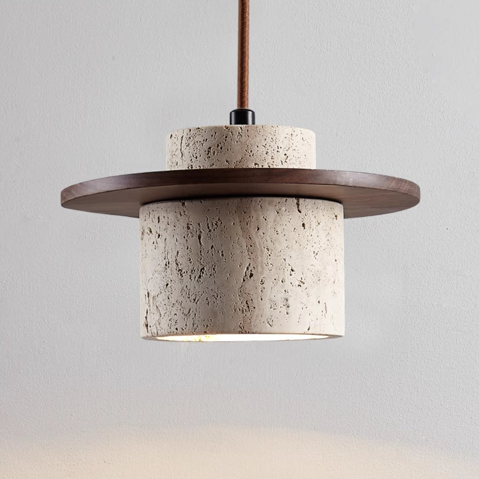 Travertine Pendant Light with Wooden Disc, 1 to 3 Lights