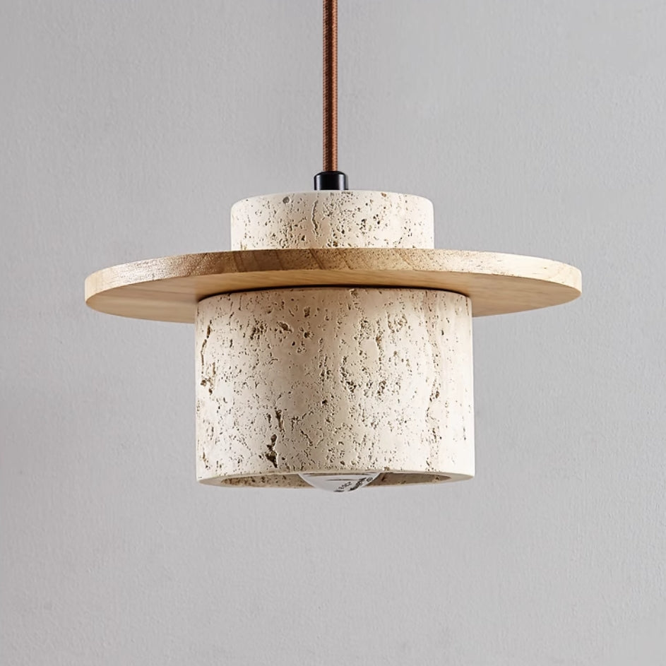 Travertine Pendant Light with Wooden Disc, 1 to 3 Lights