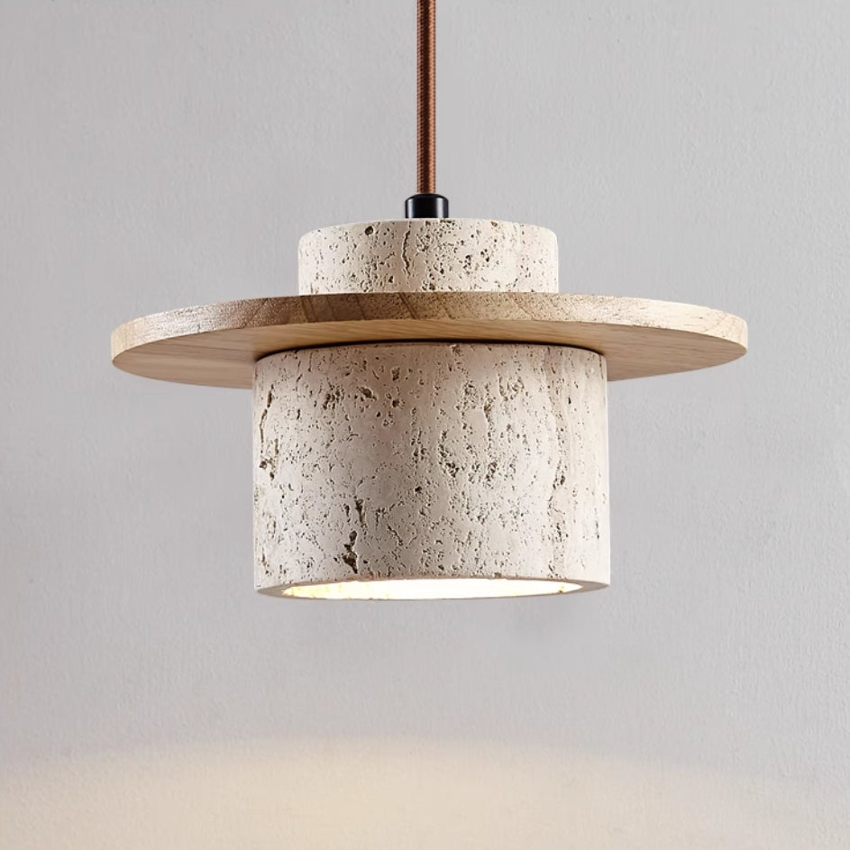 Travertine Pendant Light with Wooden Disc, 1 to 3 Lights