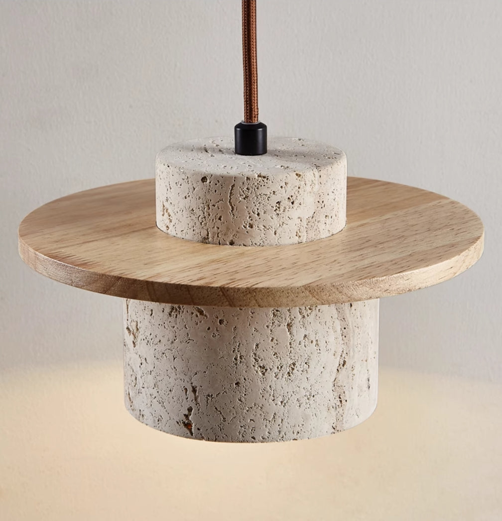 Travertine Pendant Light with Wooden Disc, 1 to 3 Lights