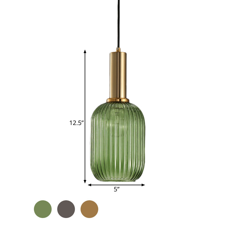 Ribbed Glass Pendant Light, Amber, Green or Grey, 3 Shapes