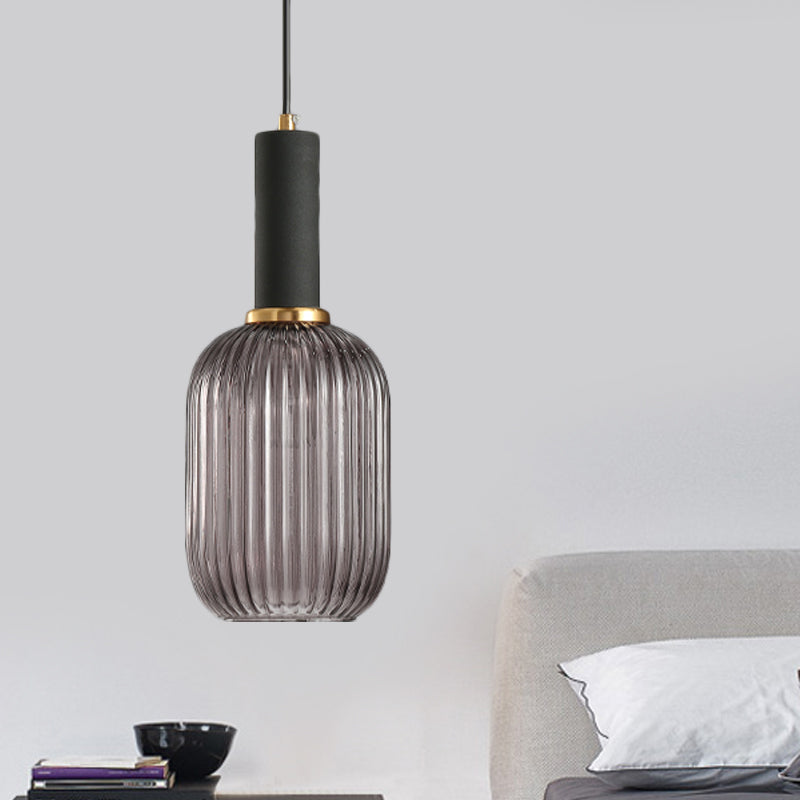 Ribbed Glass Pendant Light, Amber, Green or Grey, 3 Shapes