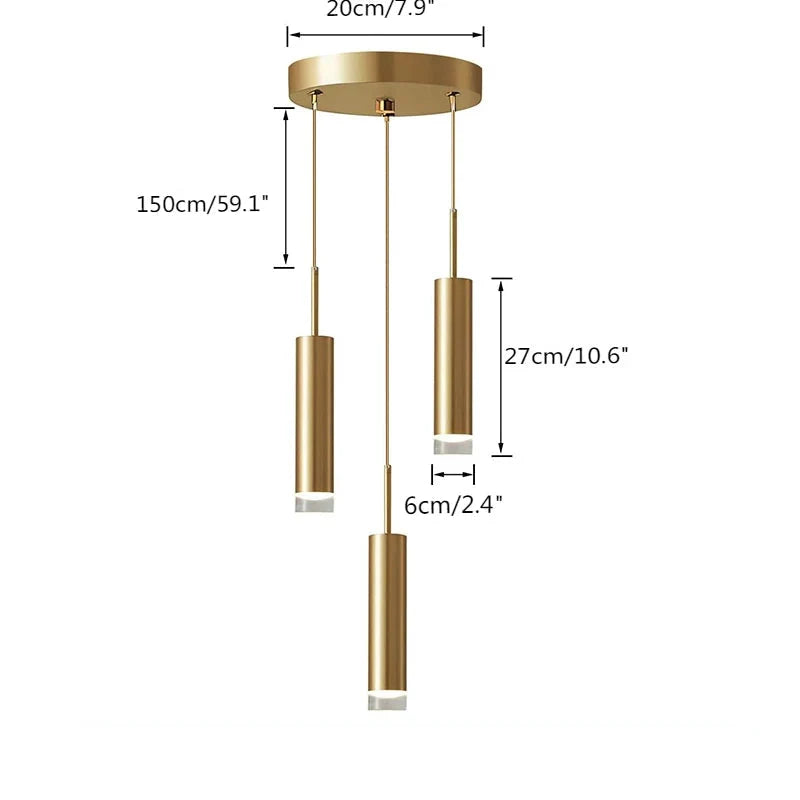 Modern Gold Tube Pendant Light with Faceted Diffuser, GU10