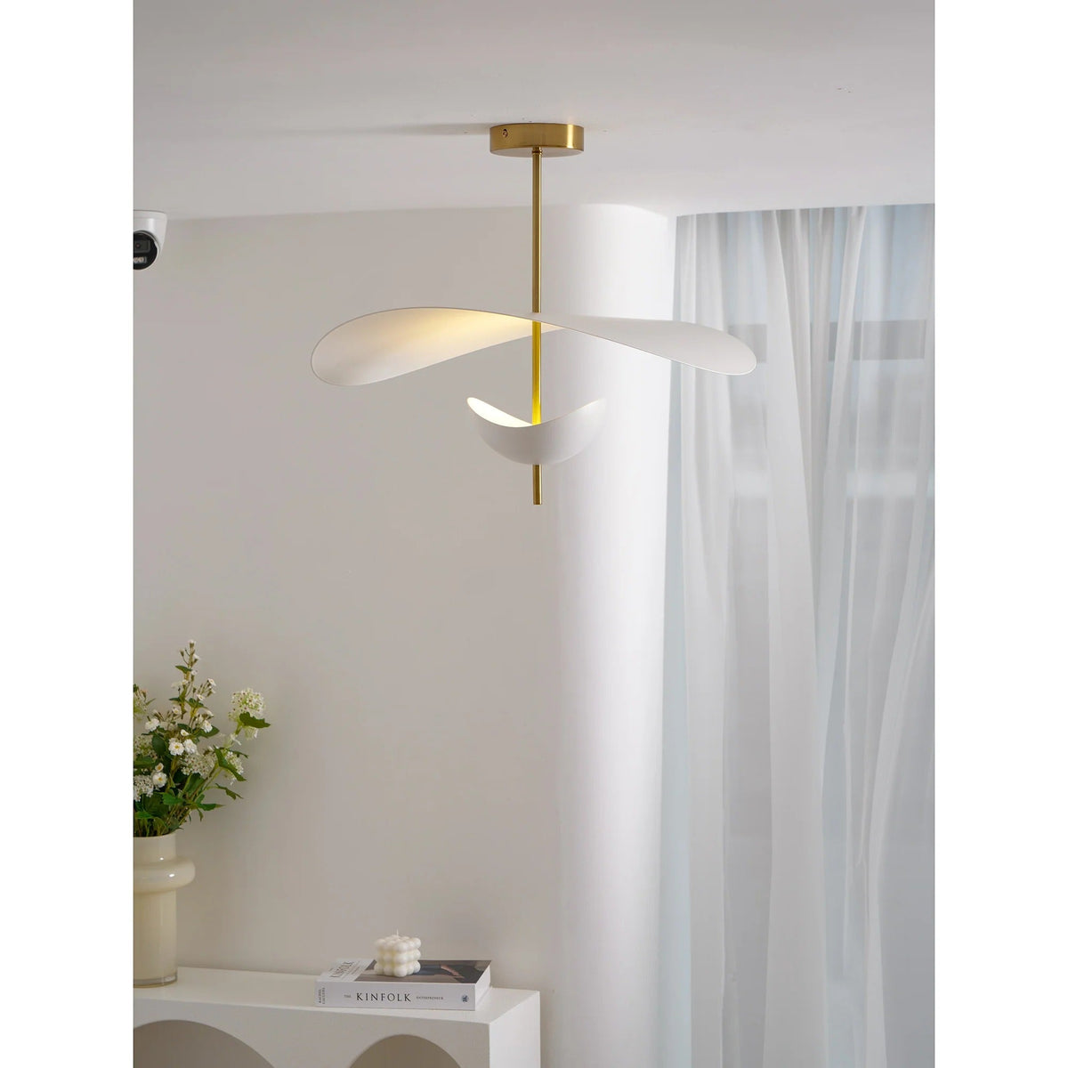 Wavy Leaf Pendant Light on Gold Rod, Integrated LED