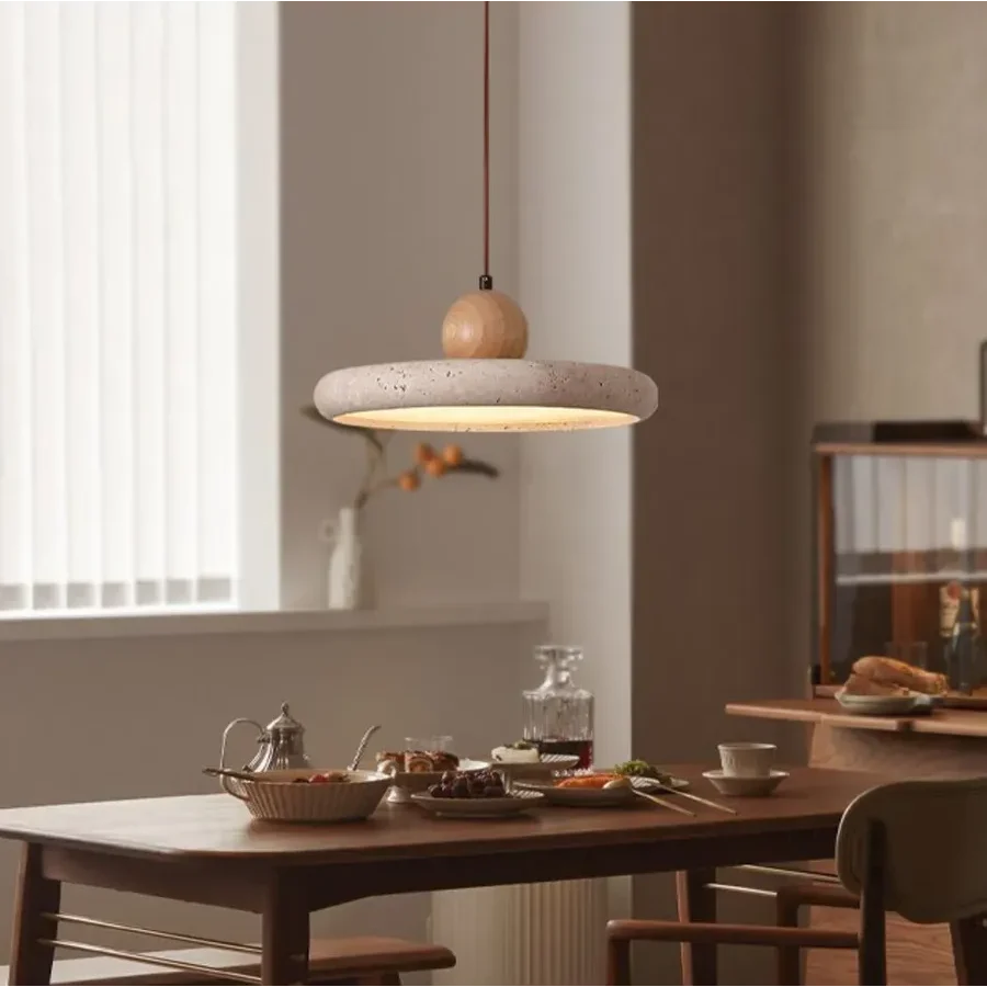Travertine Pendant Light with Wooden Sphere, Japandi LED