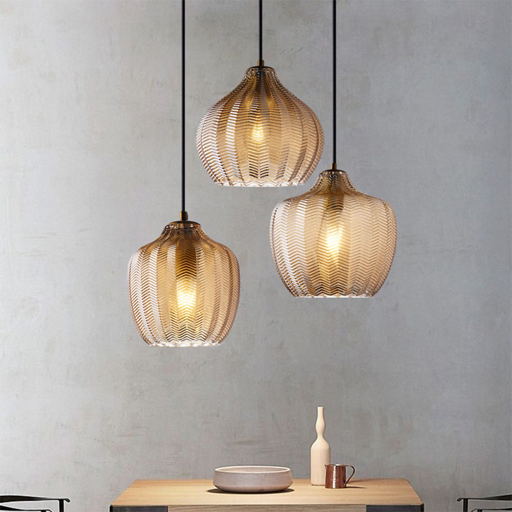 Chevron Pressed Glass Pendant Light, E27, Cognac or Smoke