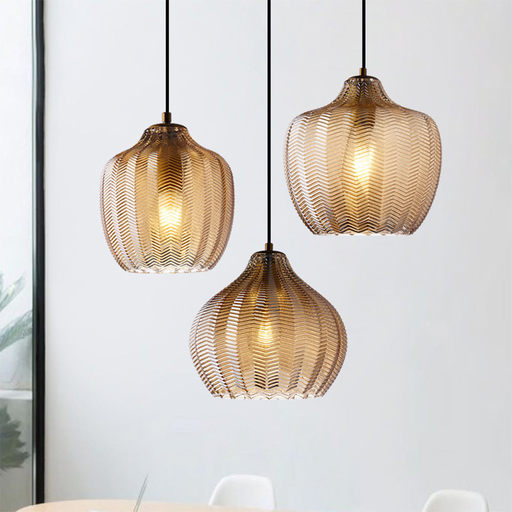 Chevron Pressed Glass Pendant Light, E27, Cognac or Smoke