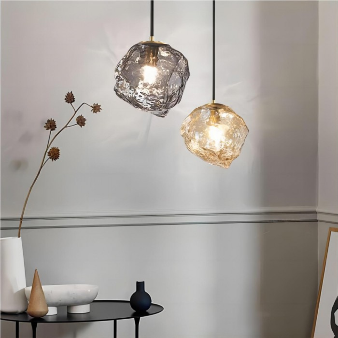 Rock-Shaped Glass Pendant Light in Amber or Smoke Grey