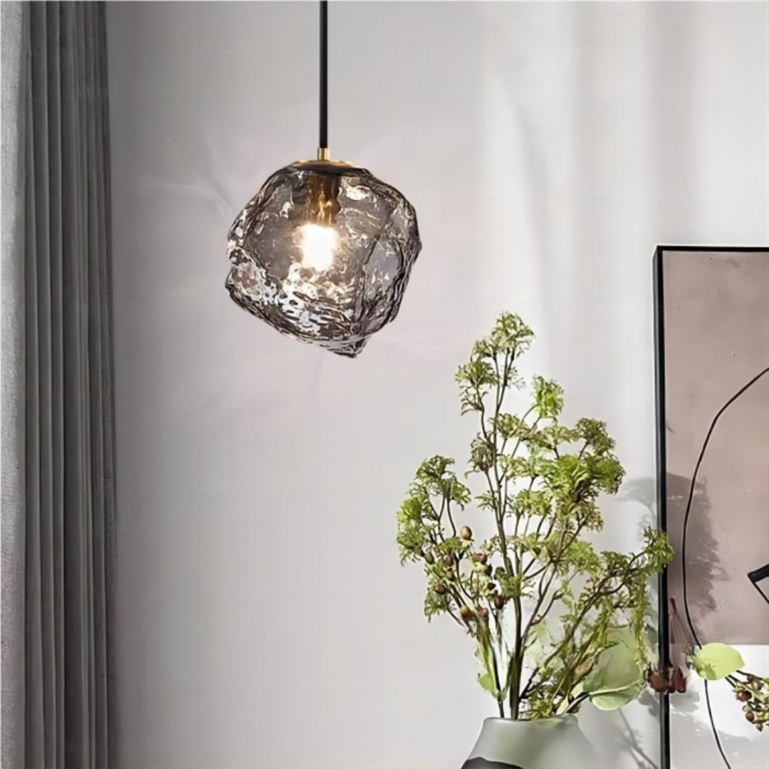 Rock-Shaped Glass Pendant Light in Amber or Smoke Grey