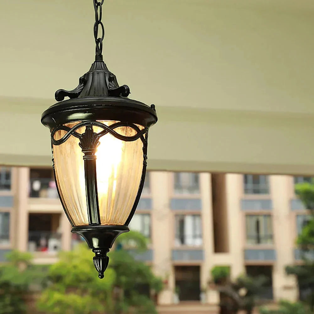 Retro Outdoor Chain Pendant Light with Ribbed Glass, IP44