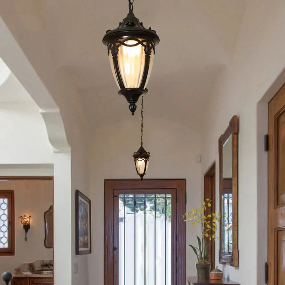 Retro Outdoor Chain Pendant Light with Ribbed Glass, IP44