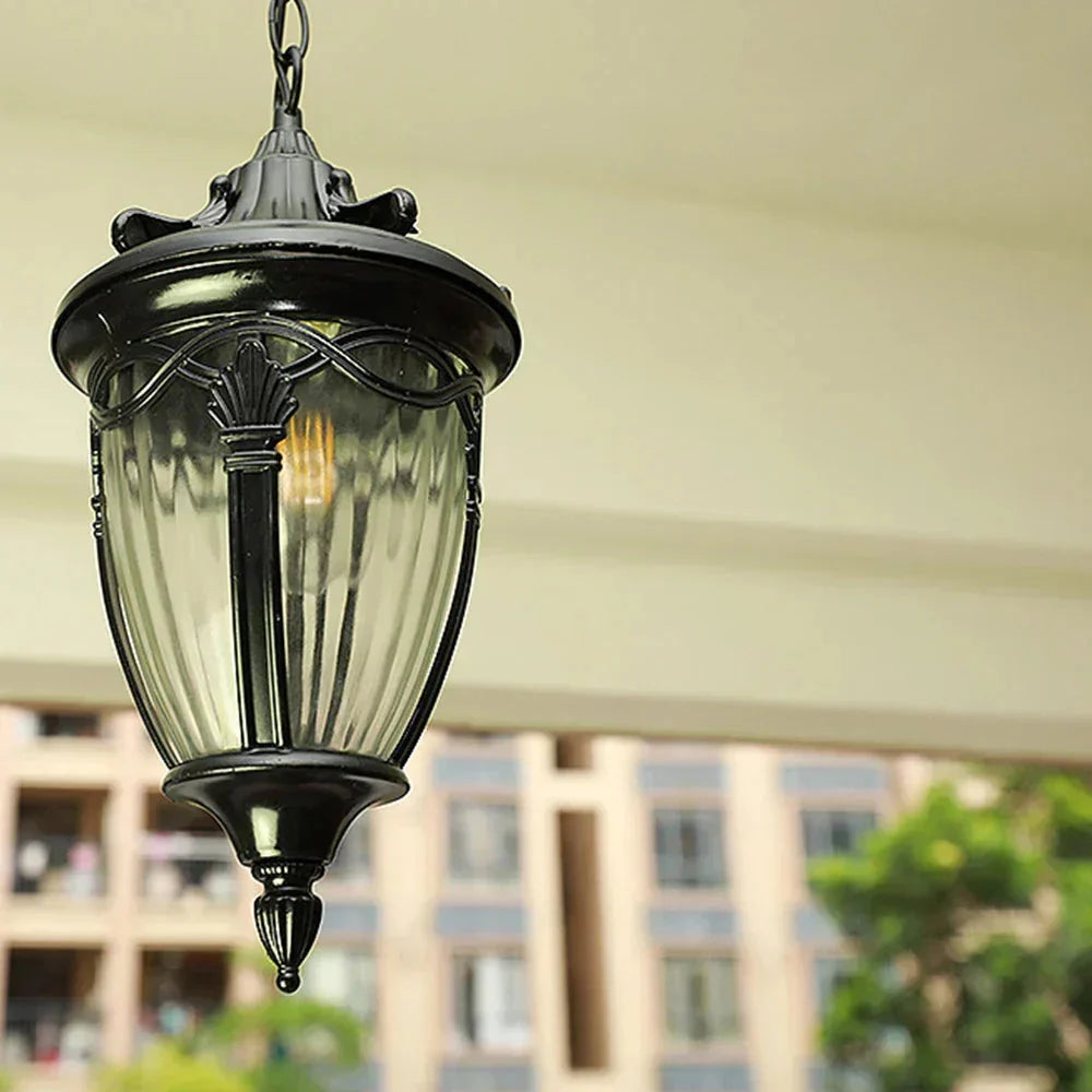 Retro Outdoor Chain Pendant Light with Ribbed Glass, IP44