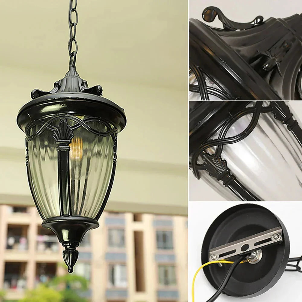 Retro Outdoor Chain Pendant Light with Ribbed Glass, IP44