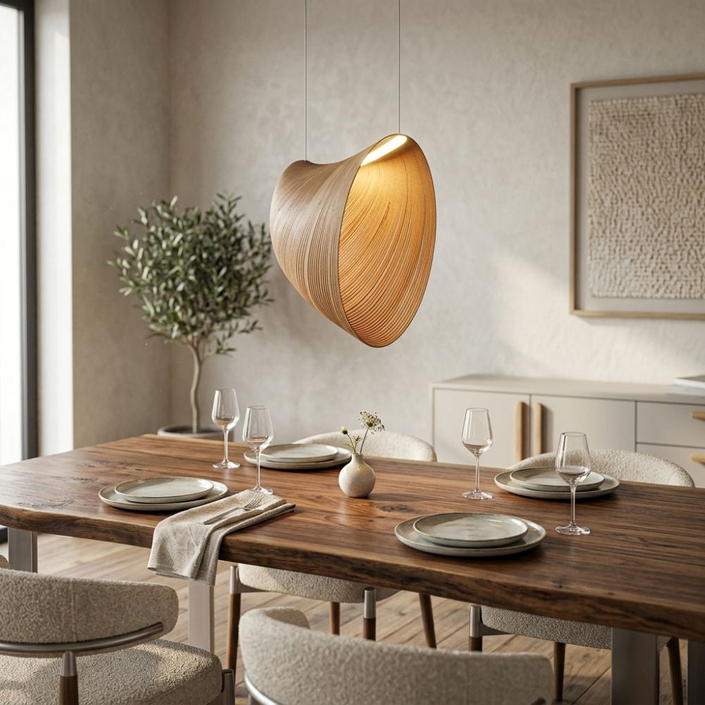 Organic Birch Wood Pendant Light with Hemp Fibre Shade