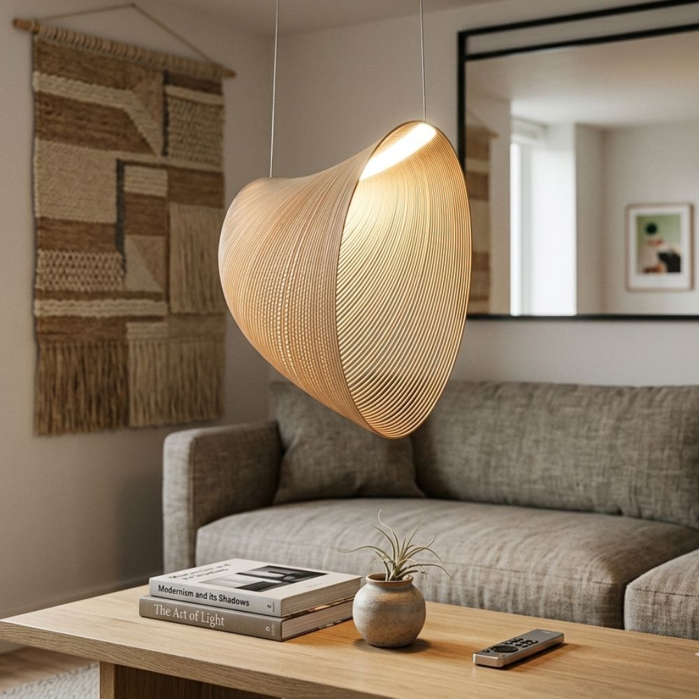 Organic Birch Wood Pendant Light with Hemp Fibre Shade