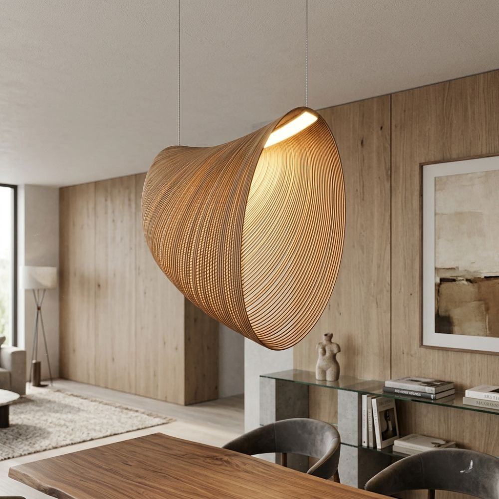 Organic Birch Wood Pendant Light with Hemp Fibre Shade