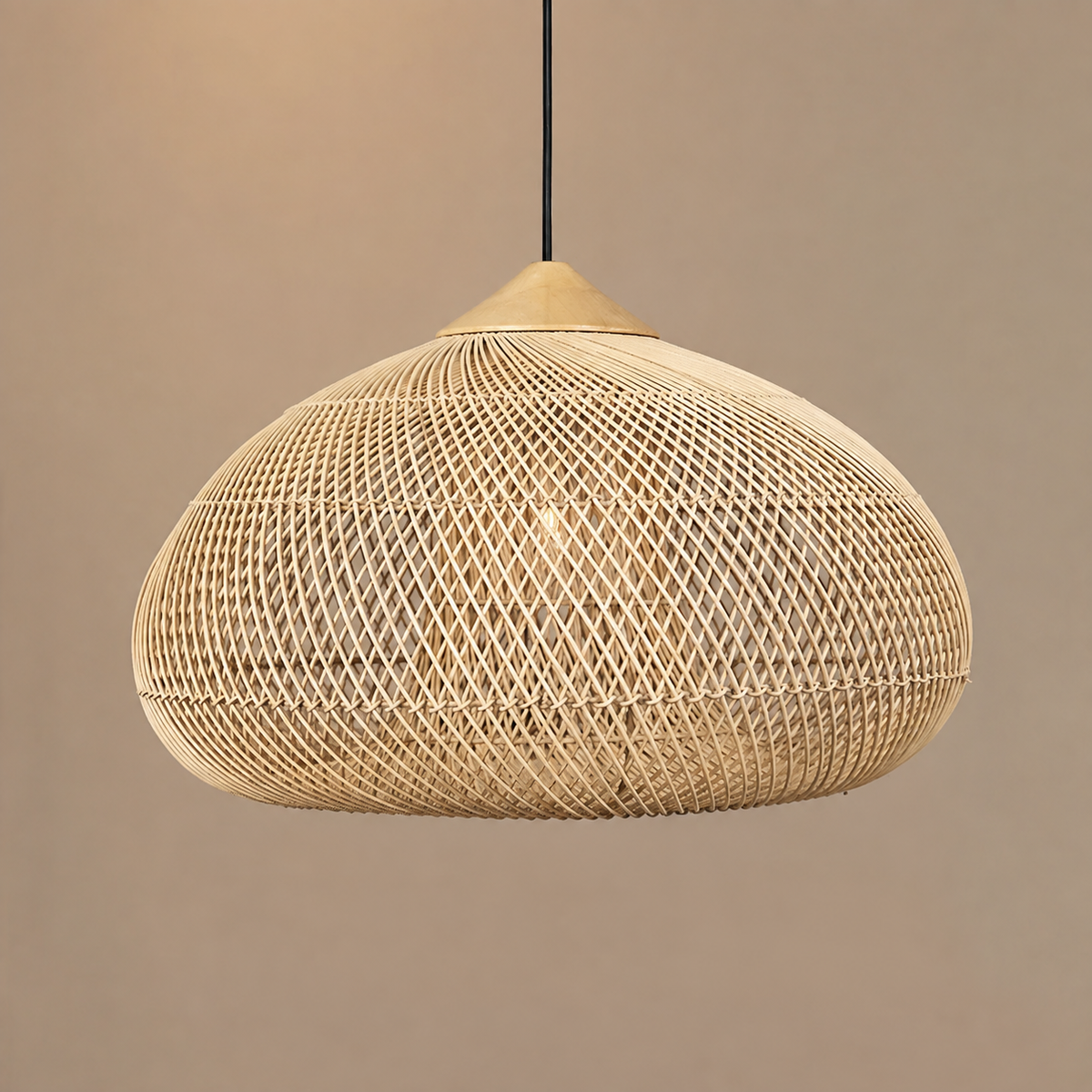 Boho Woven Rattan Effect Pendant Light with Wood Detail