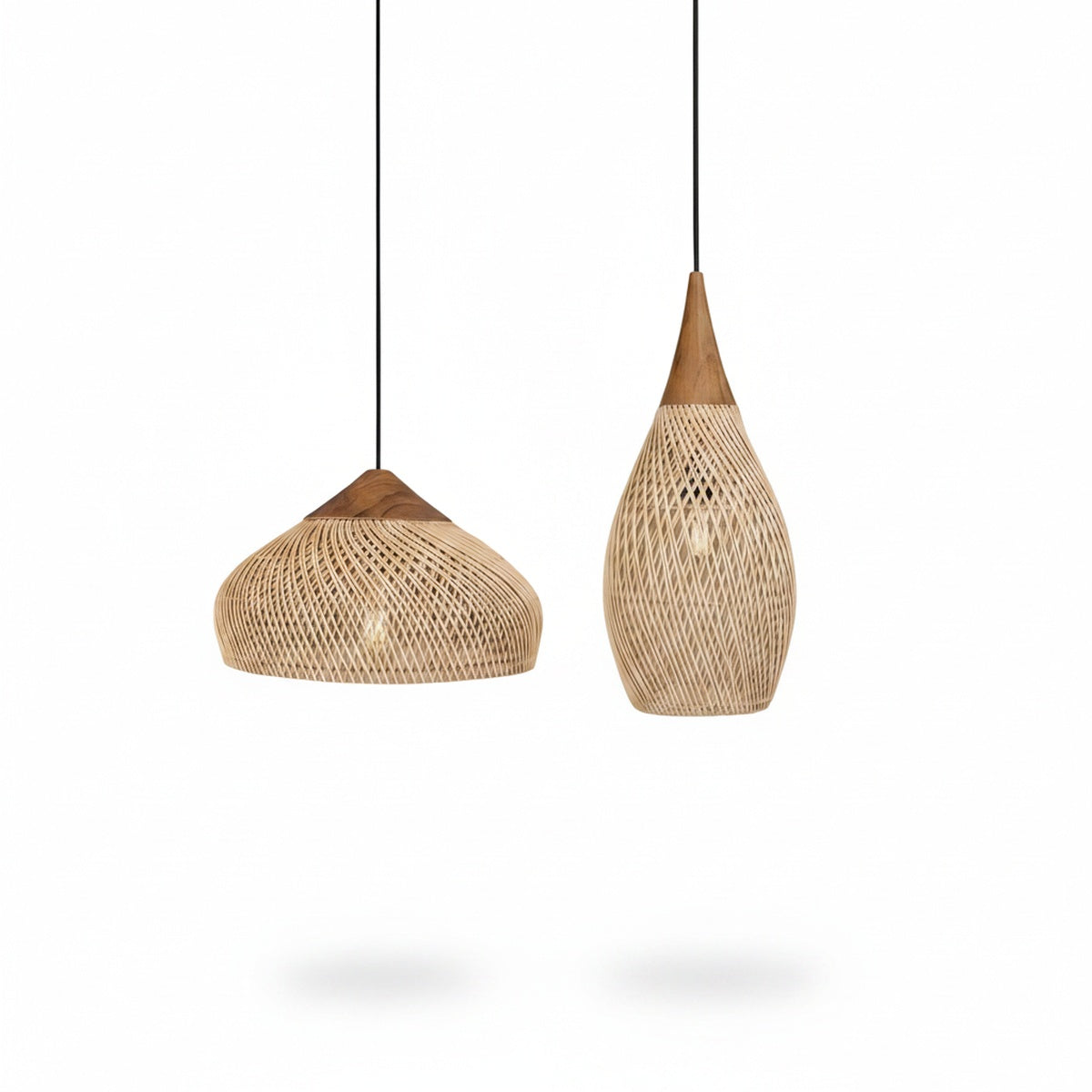 Boho Woven Rattan Effect Pendant Light with Wood Detail