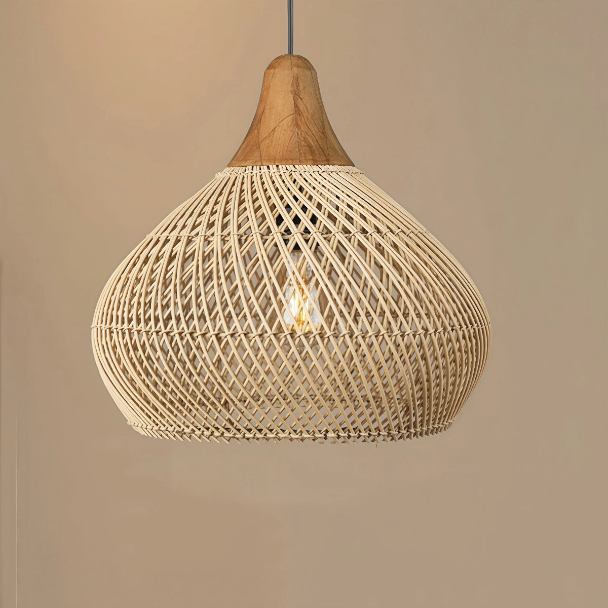Boho Woven Rattan Effect Pendant Light with Wood Detail