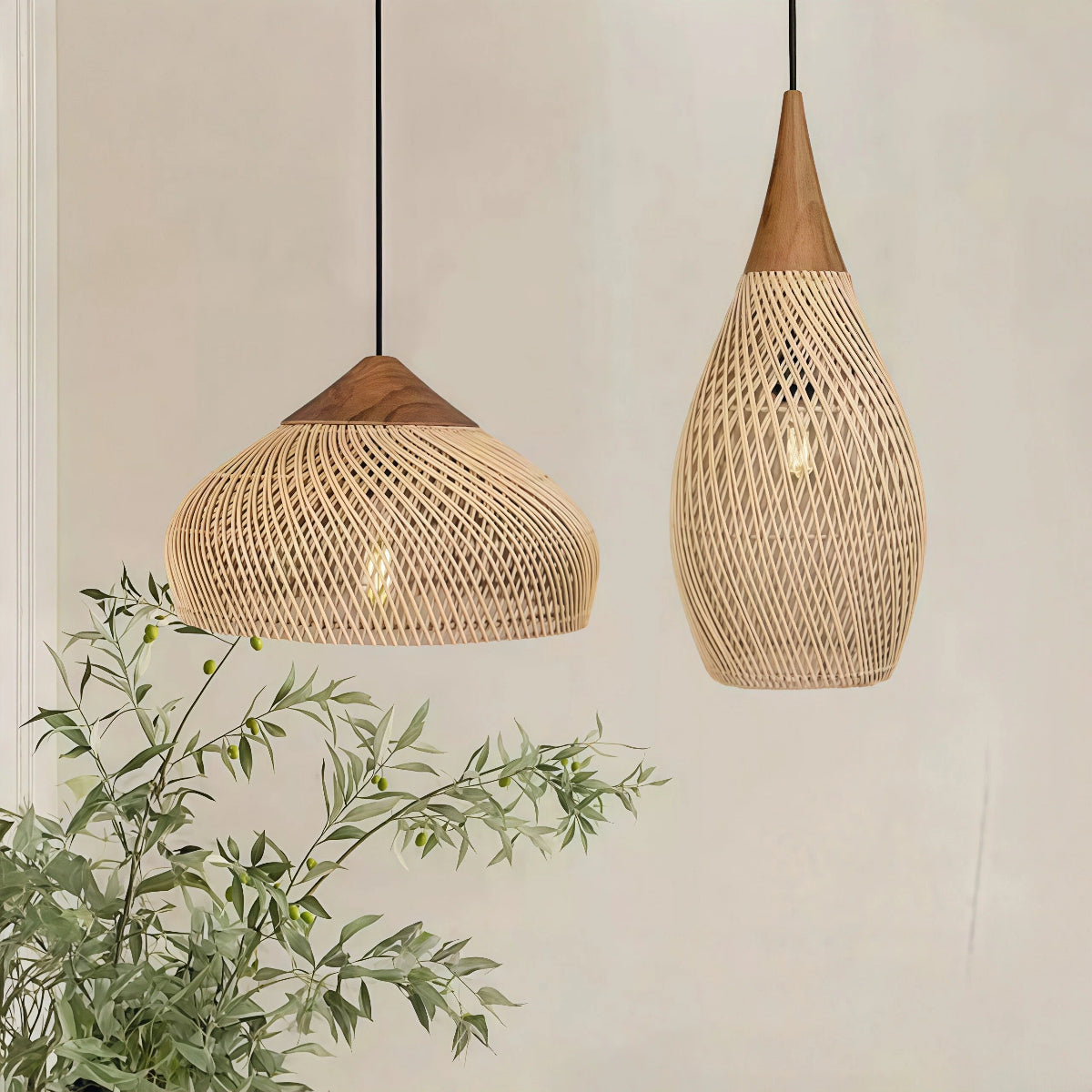 Boho Woven Rattan Effect Pendant Light with Wood Detail