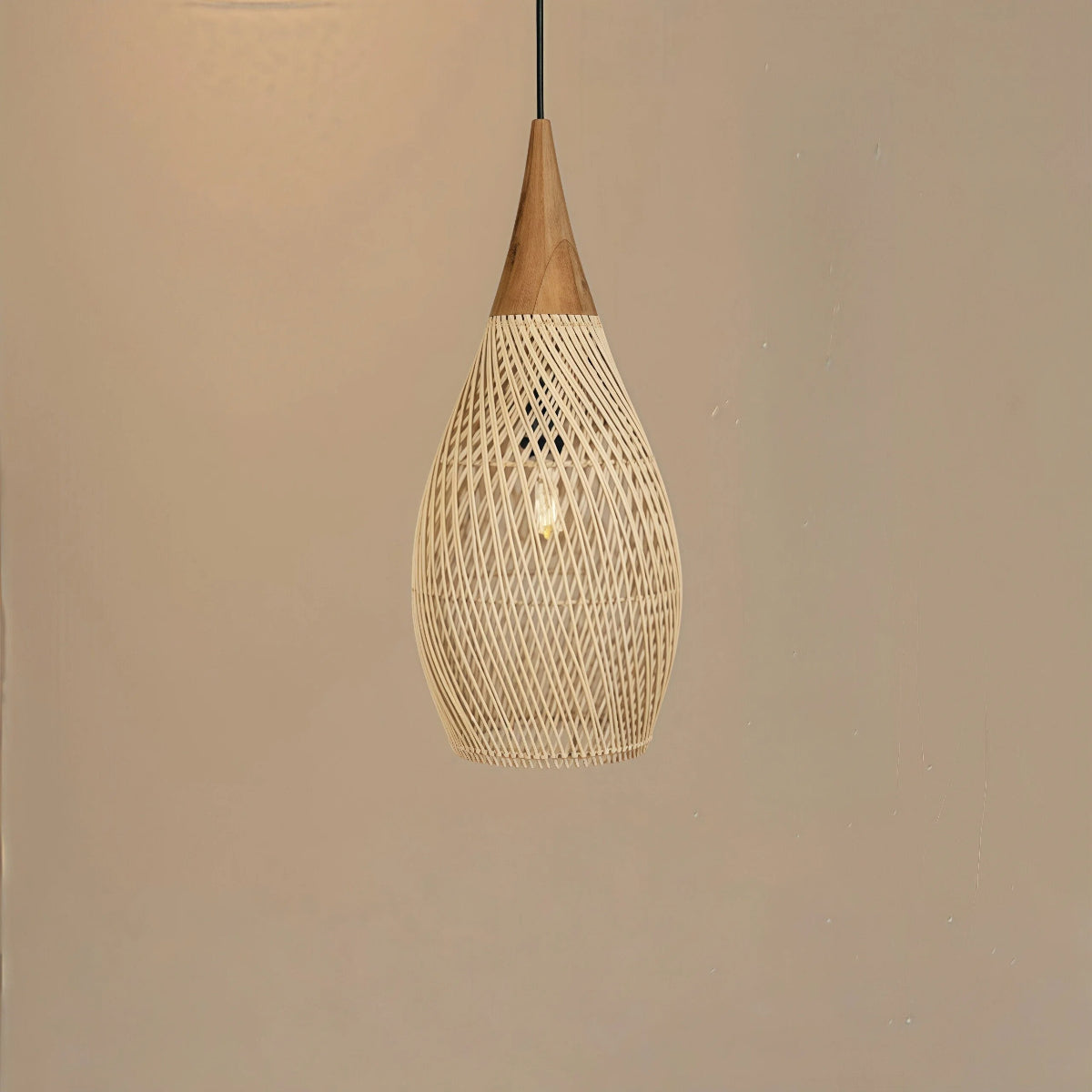 Boho Woven Rattan Effect Pendant Light with Wood Detail