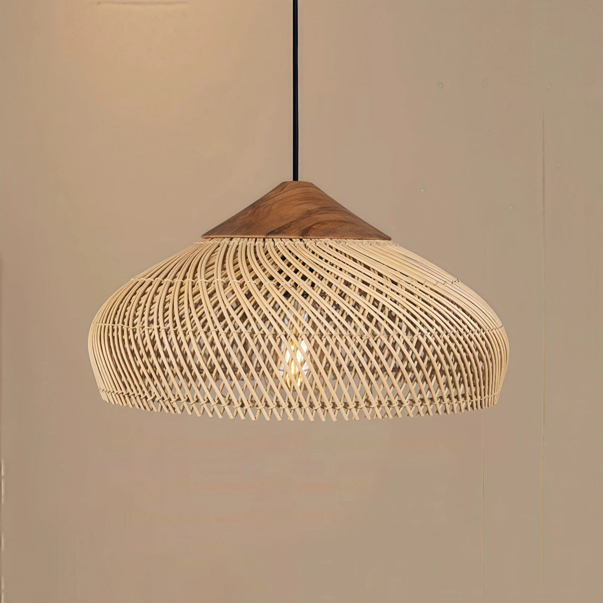 Boho Woven Rattan Effect Pendant Light with Wood Detail