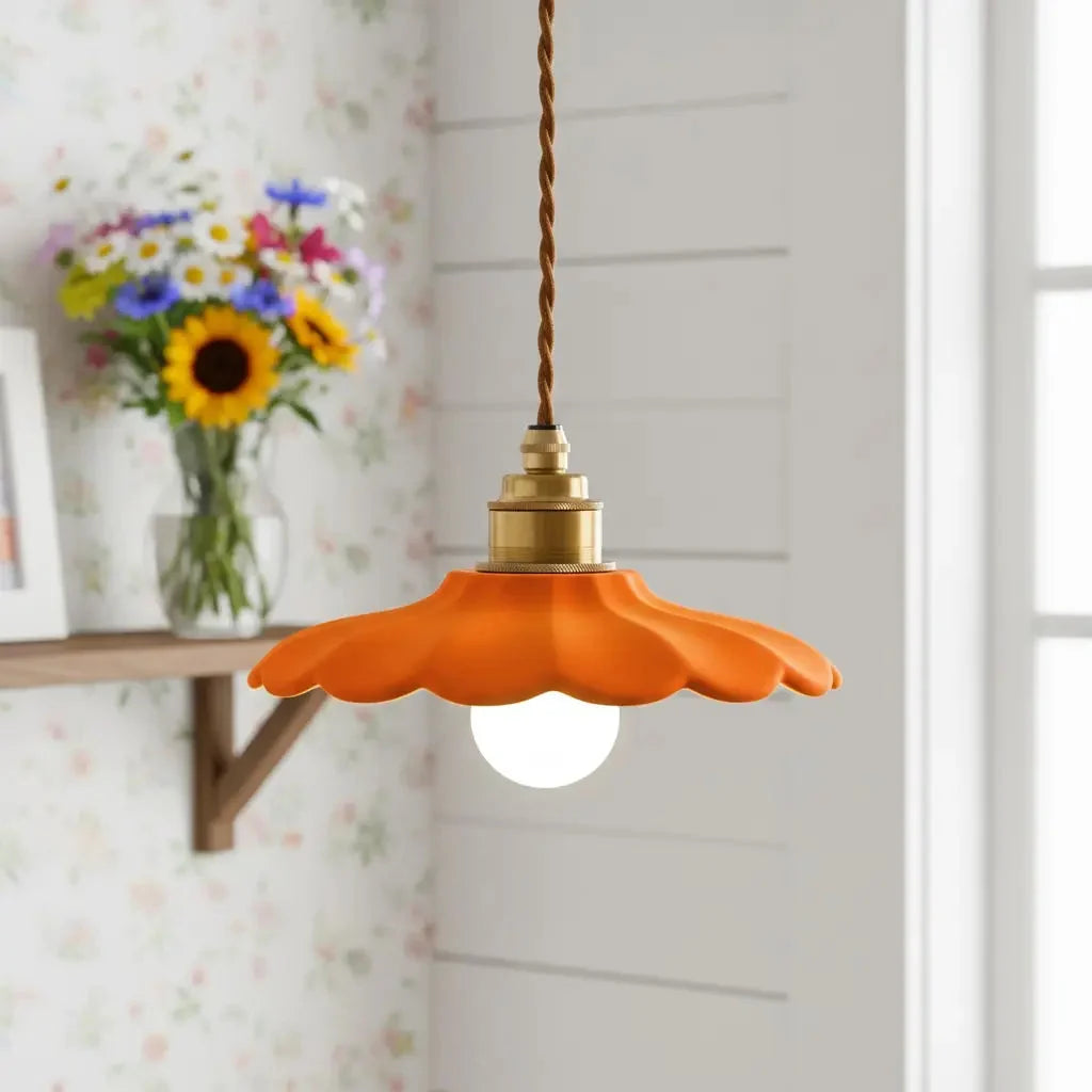 Retro Ceramic Petal Pendant Light, Brass or Rose Gold