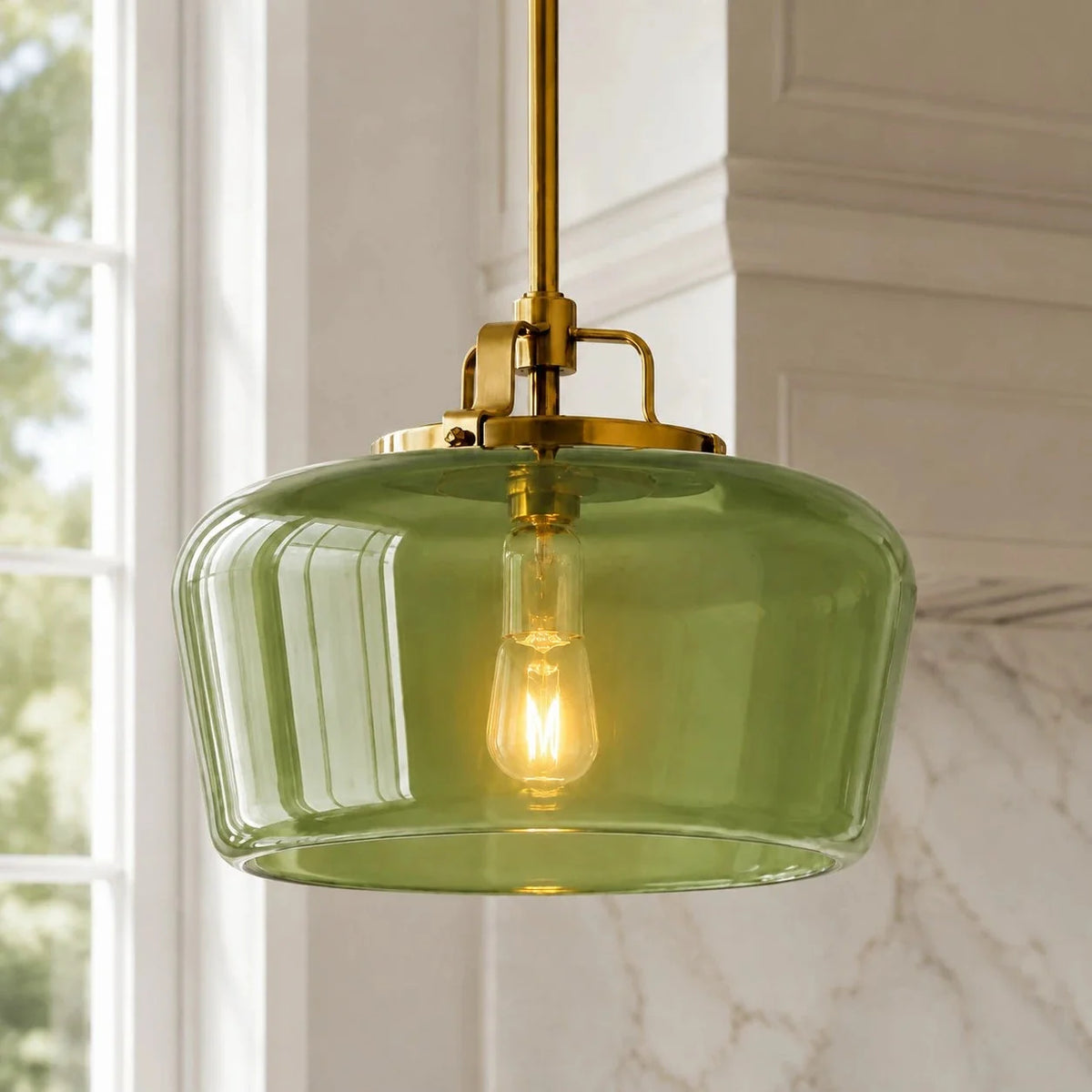 Retro 3-Light Pendant with Glass Shades, Brass-Finish Frame