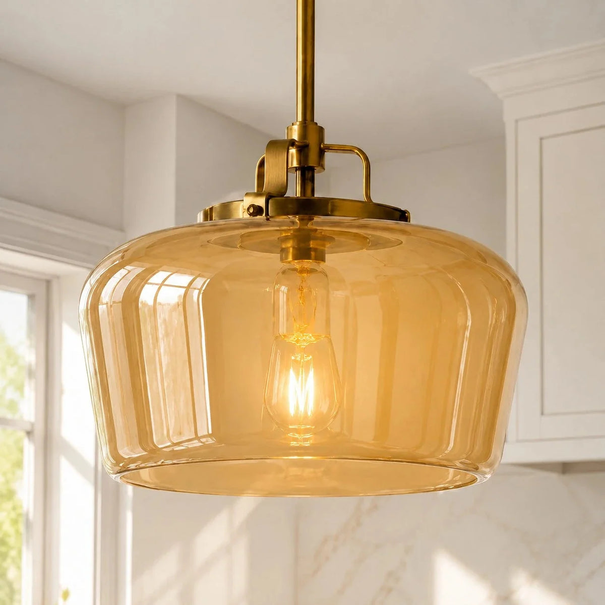Retro 3-Light Pendant with Glass Shades, Brass-Finish Frame