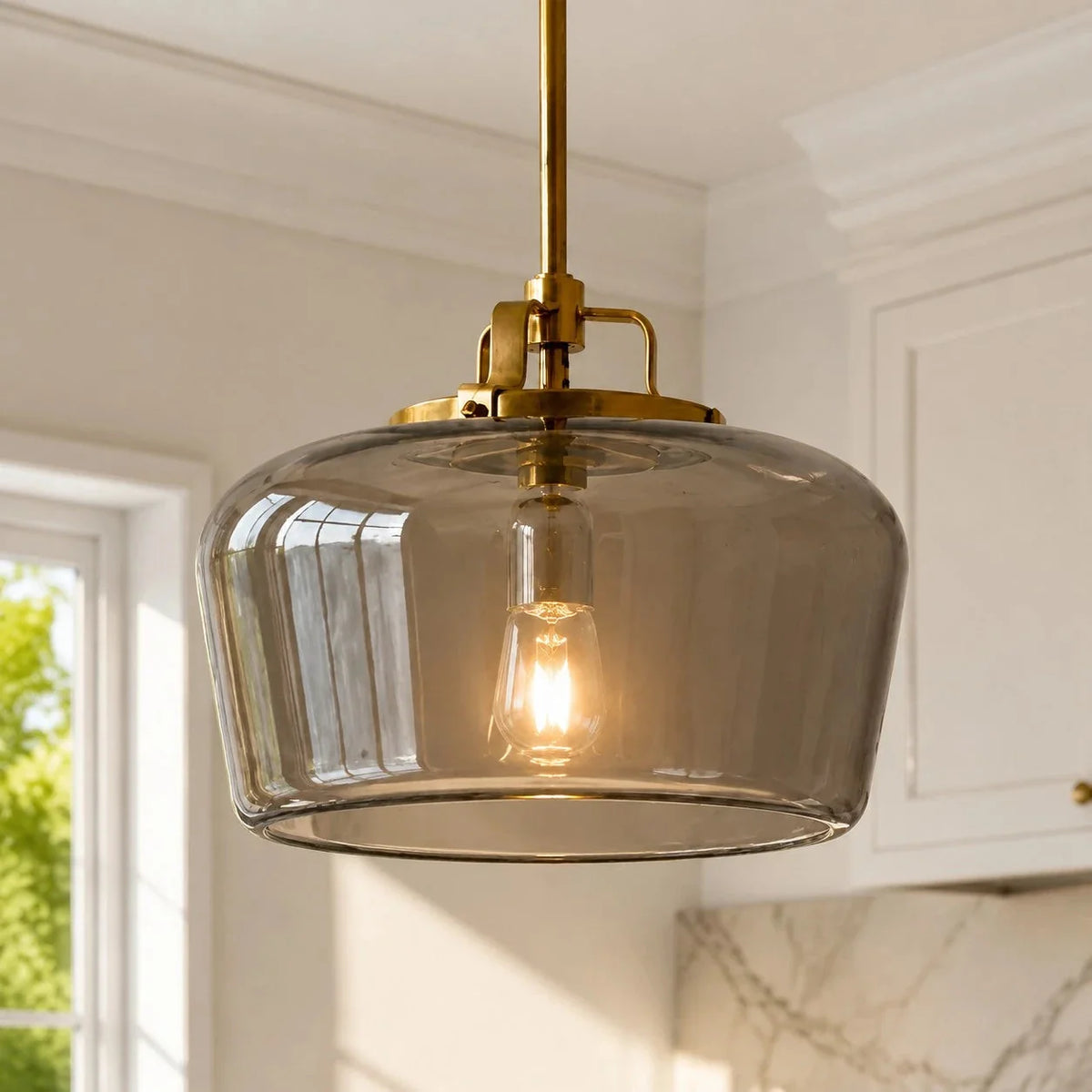 Retro 3-Light Pendant with Glass Shades, Brass-Finish Frame