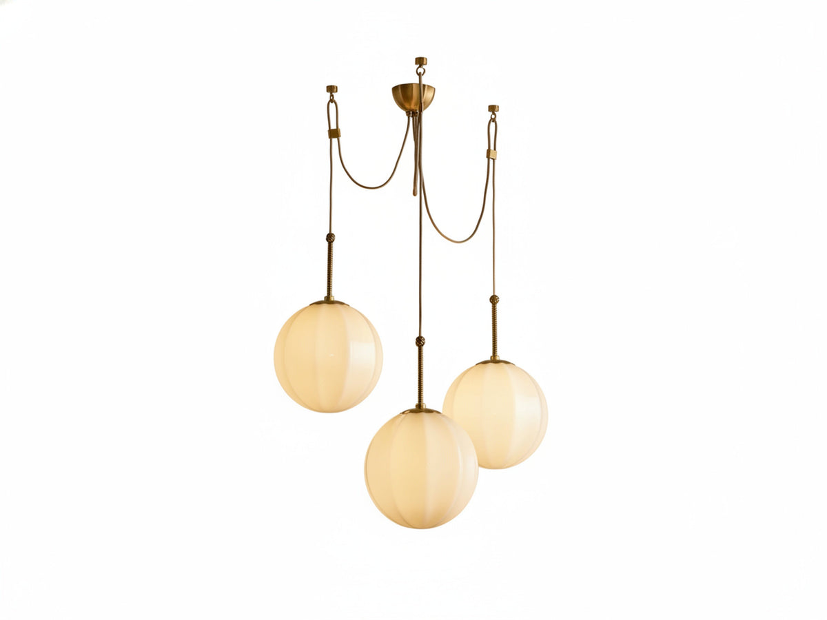 Retro Ribbed Glass 3-Globe Pendant Light, Antique Brass