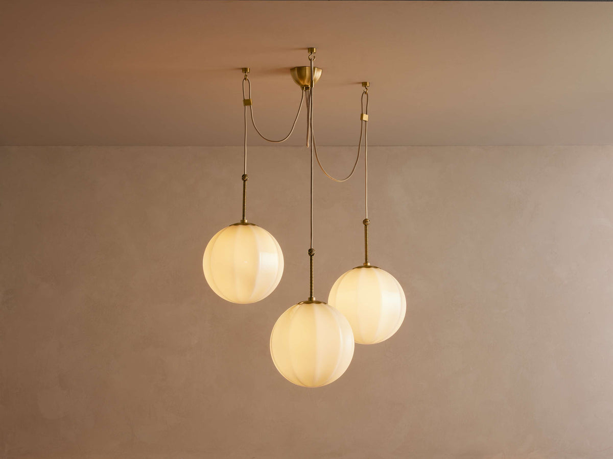 Retro Ribbed Glass 3-Globe Pendant Light, Antique Brass
