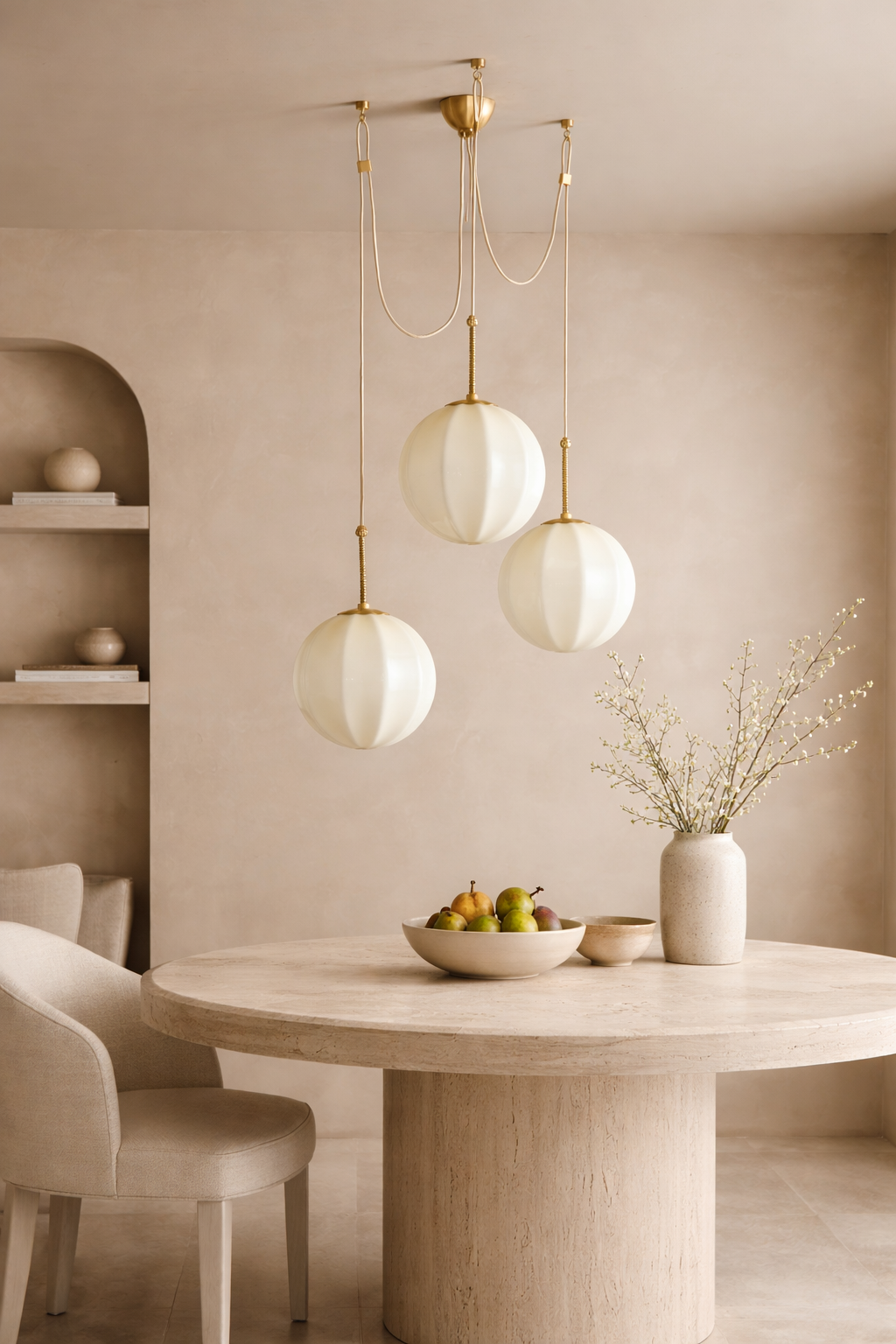 Retro Ribbed Glass 3-Globe Pendant Light, Antique Brass