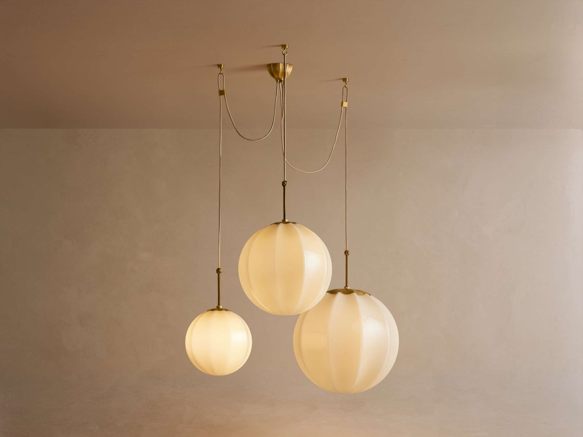 Retro Ribbed Glass 3-Globe Pendant Light, Antique Brass