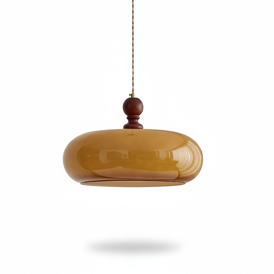 Retro Amber Glass Pendant Light with Wood Detail