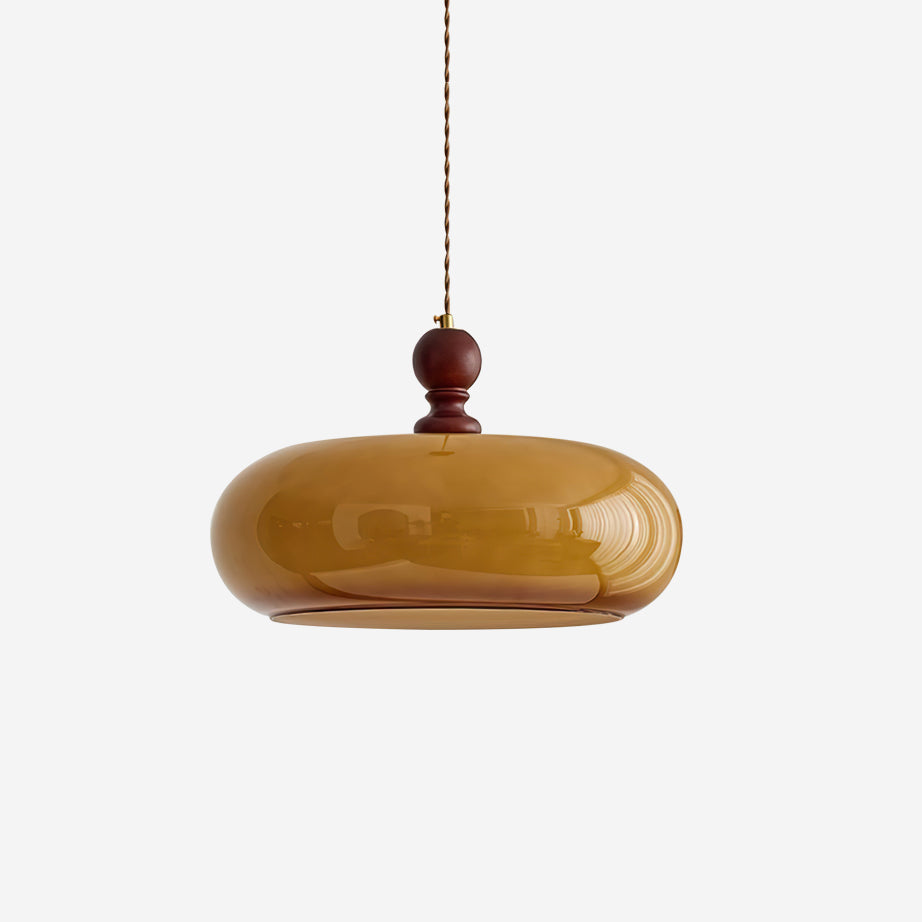 Retro Amber Glass Pendant Light with Wood Detail