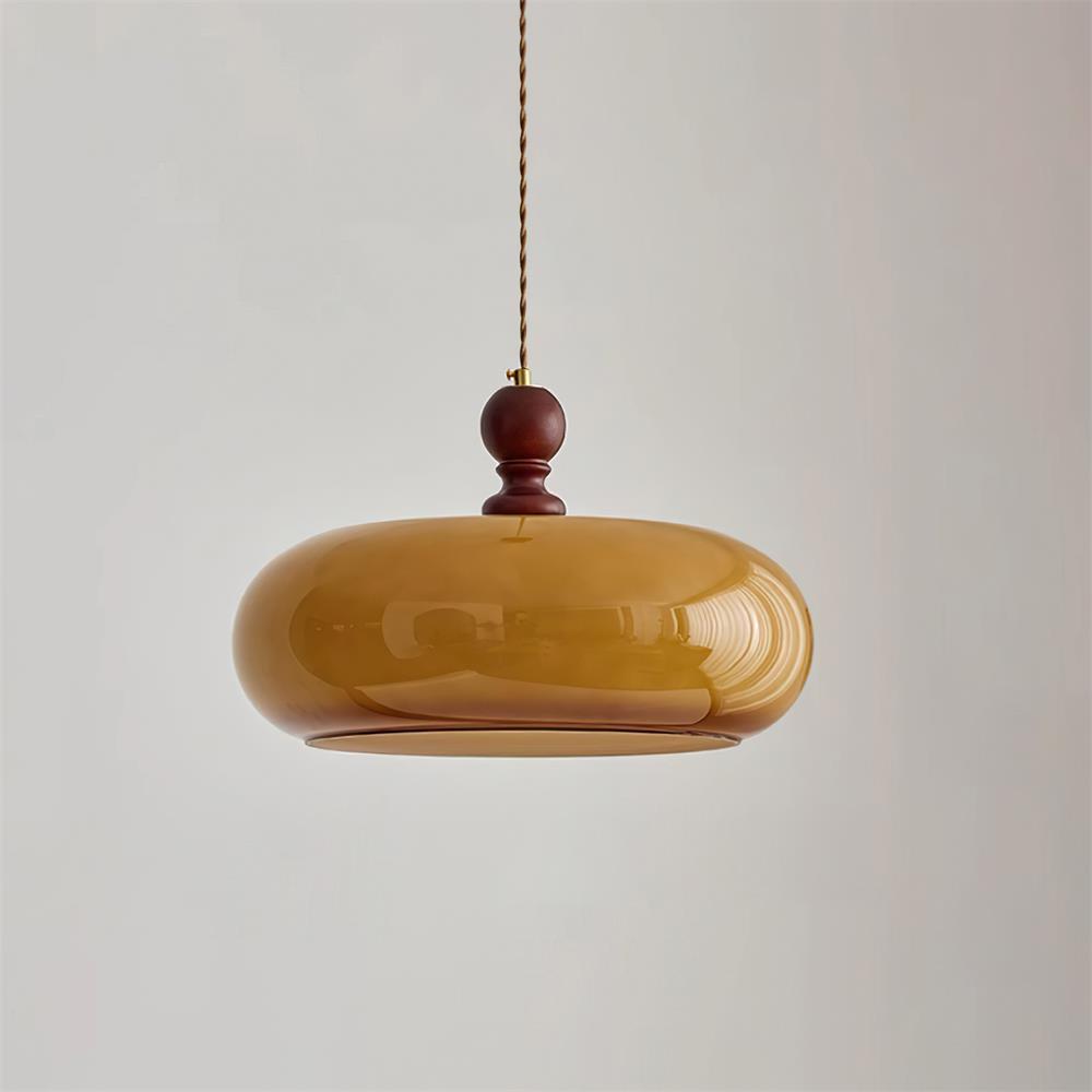 Retro Amber Glass Pendant Light with Wood Detail