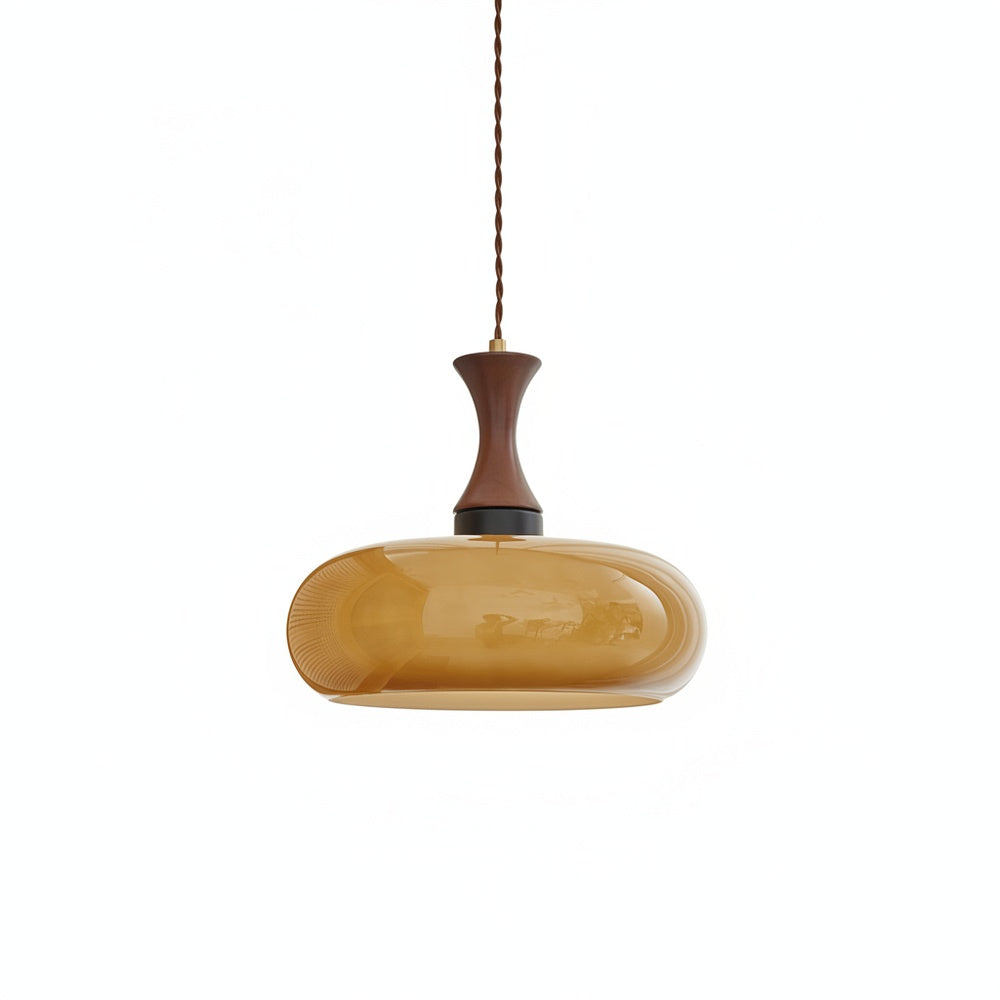 Retro Amber Glass Pendant Light with Turned Wood Detail