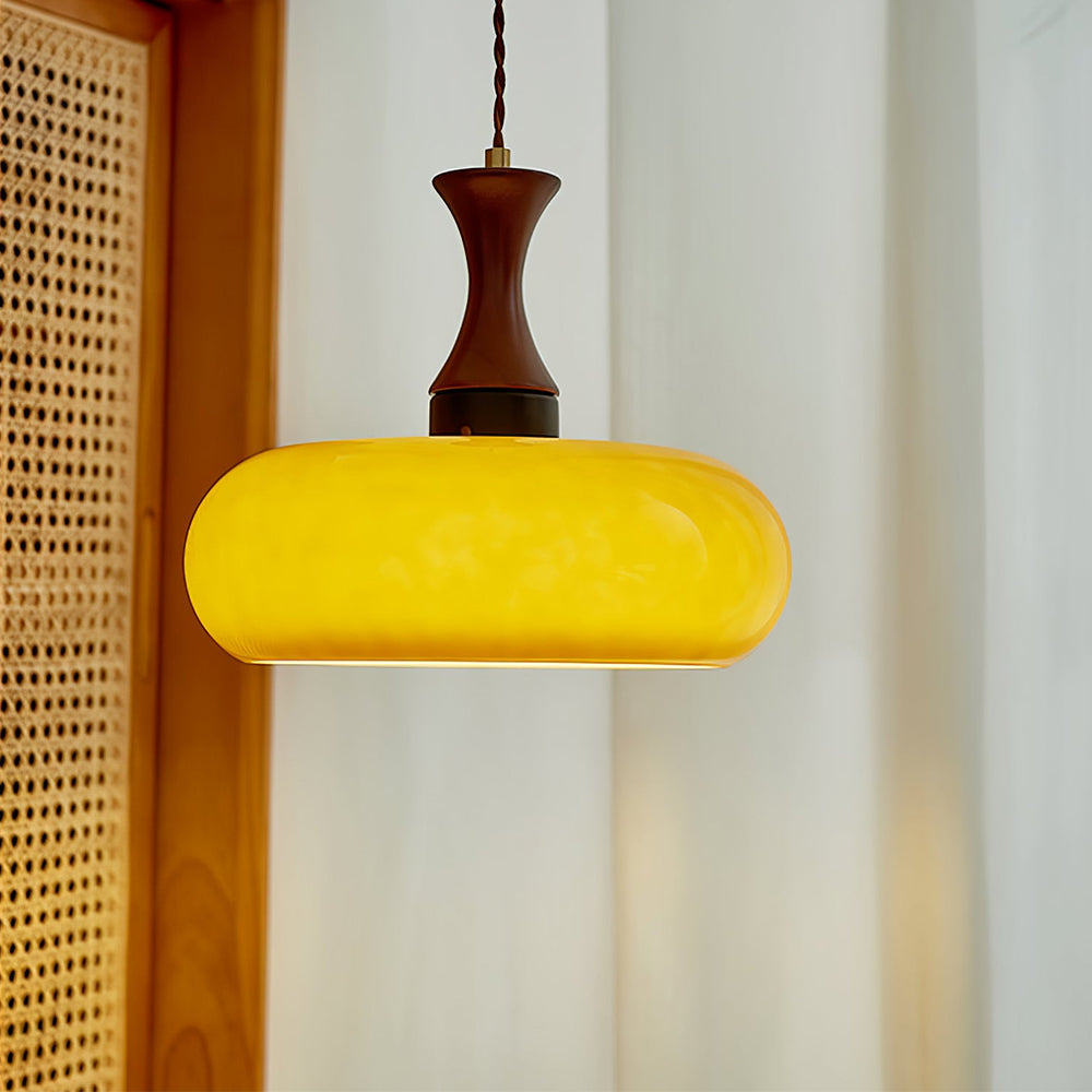 Retro Amber Glass Pendant Light with Turned Wood Detail