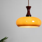 Retro Amber Glass Pendant Light with Turned Wood Detail