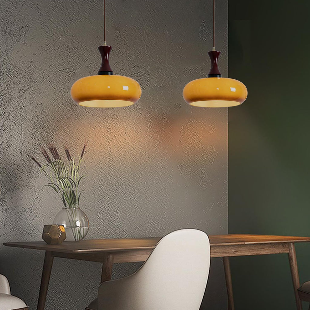 Retro Amber Glass Pendant Light with Turned Wood Detail