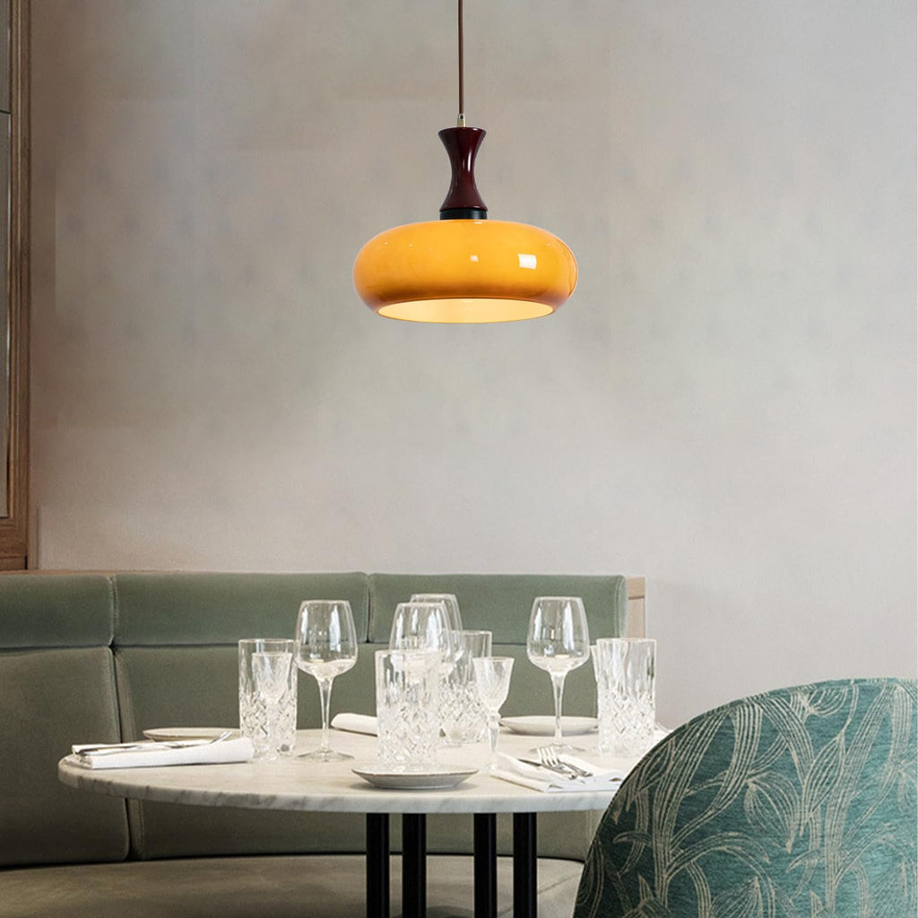 Retro Amber Glass Pendant Light with Turned Wood Detail