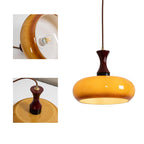 Retro Amber Glass Pendant Light with Turned Wood Detail