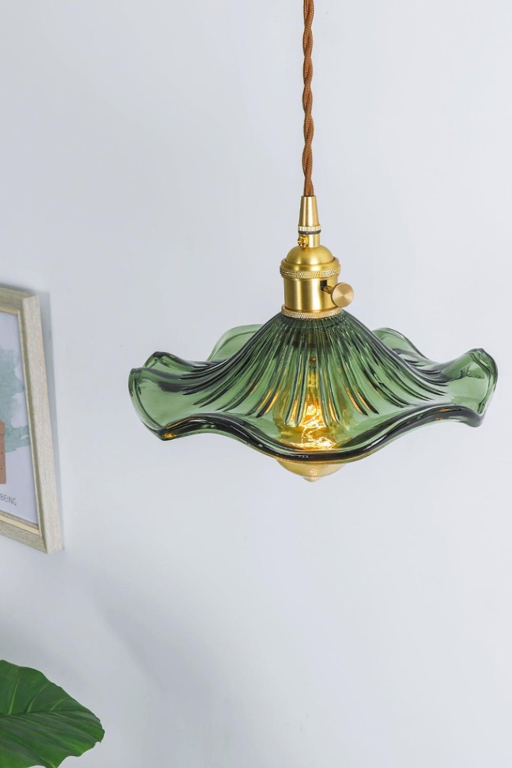 Art Nouveau Fluted Glass Pendant Light with Brass Holder