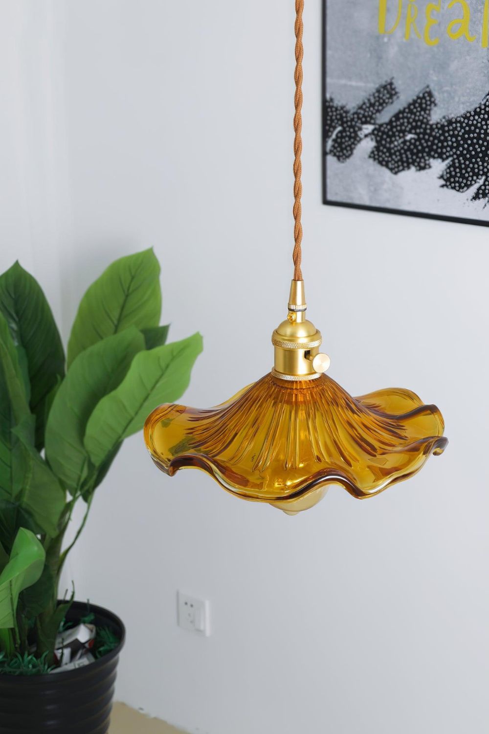 Art Nouveau Fluted Glass Pendant Light with Brass Holder